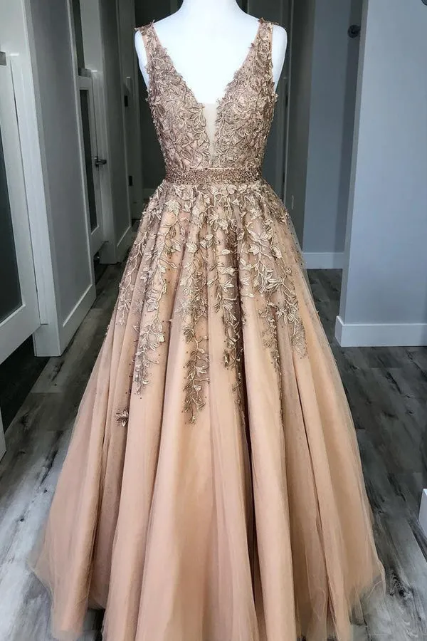 A-line Beaded Tulle Lace Long Prom Dress Long Party Dress