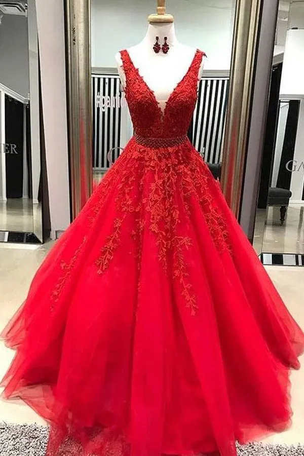 A-line Beaded Tulle Lace Long Prom Dress Long Party Dress