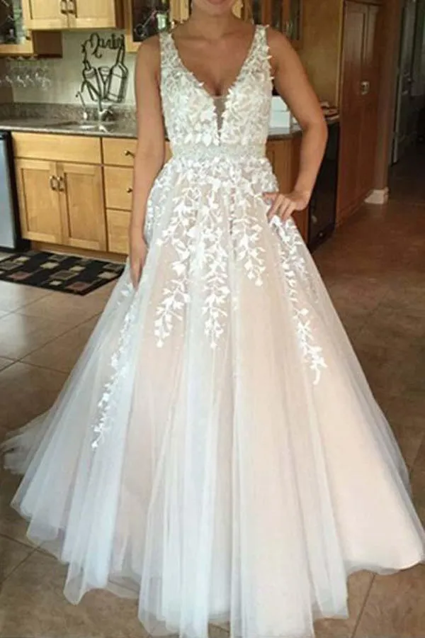 A-line Beaded Tulle Lace Long Prom Dress Long Party Dress