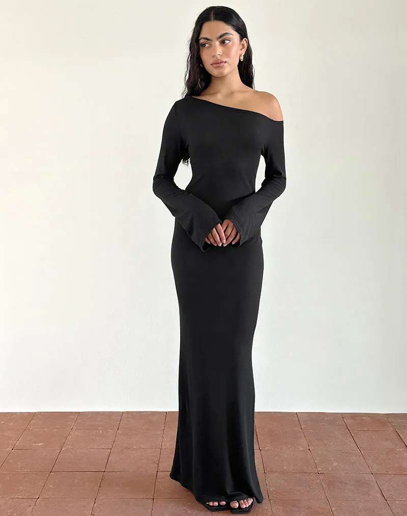 Aldiana Long Sleeve Asymmetric Maxi Dress in Sheer Knit Black