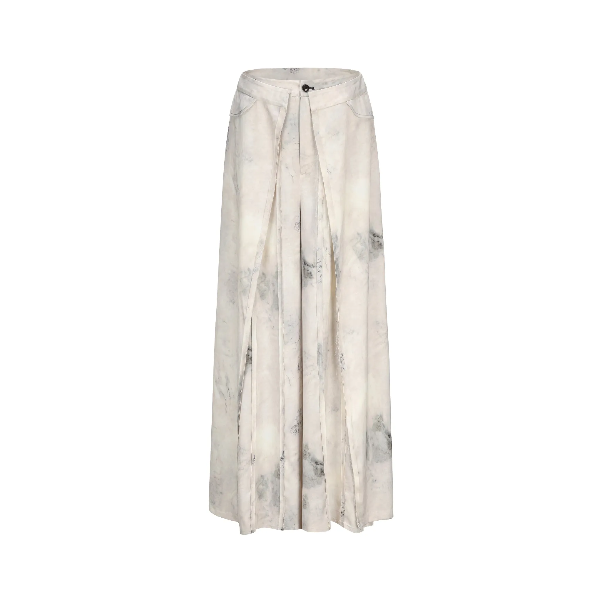 Beige Printed Draped Wide-Leg Trousers