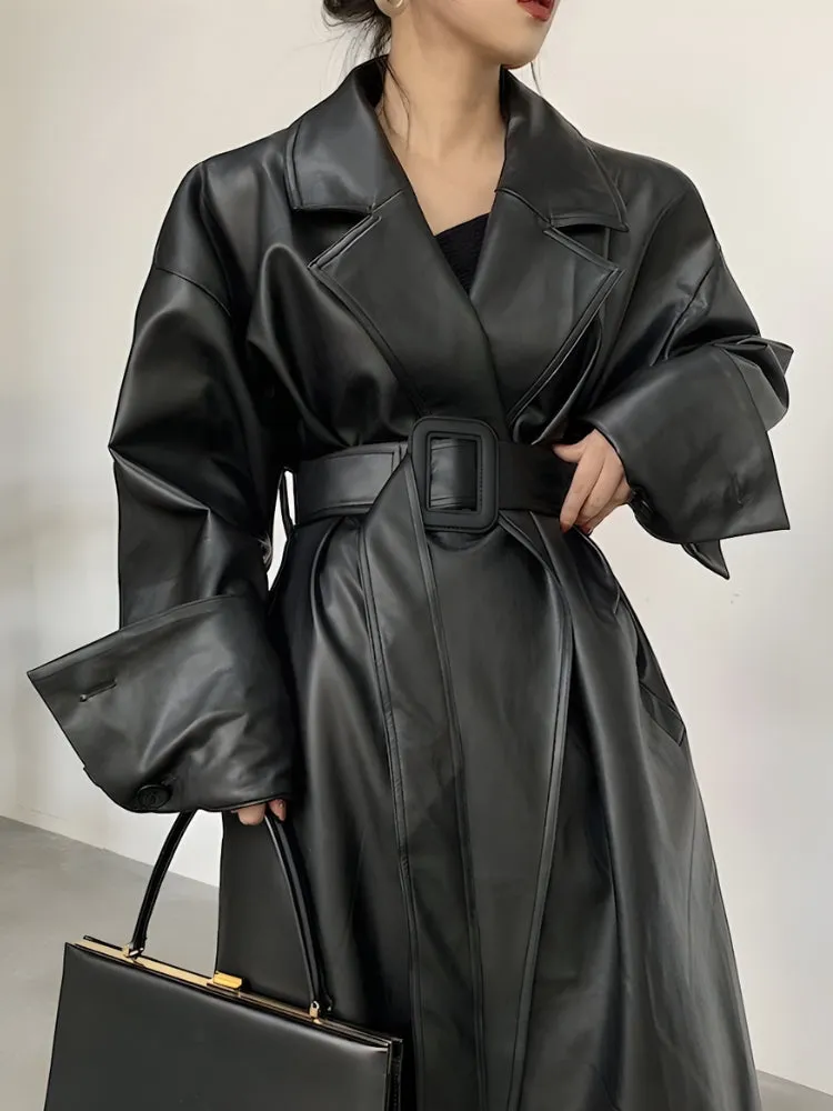 Belted Faux Leather Coat