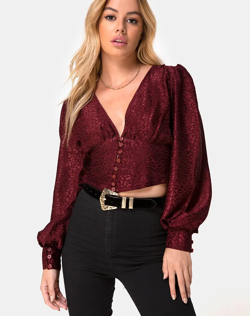 Bina Crop Top in Satin Cheetah Burgundy