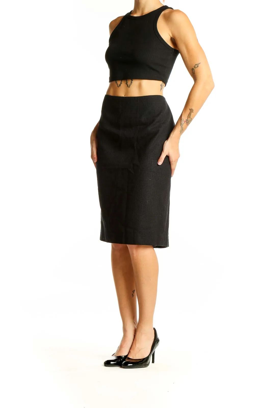 Black Cotton-Blend Pencil Skirt