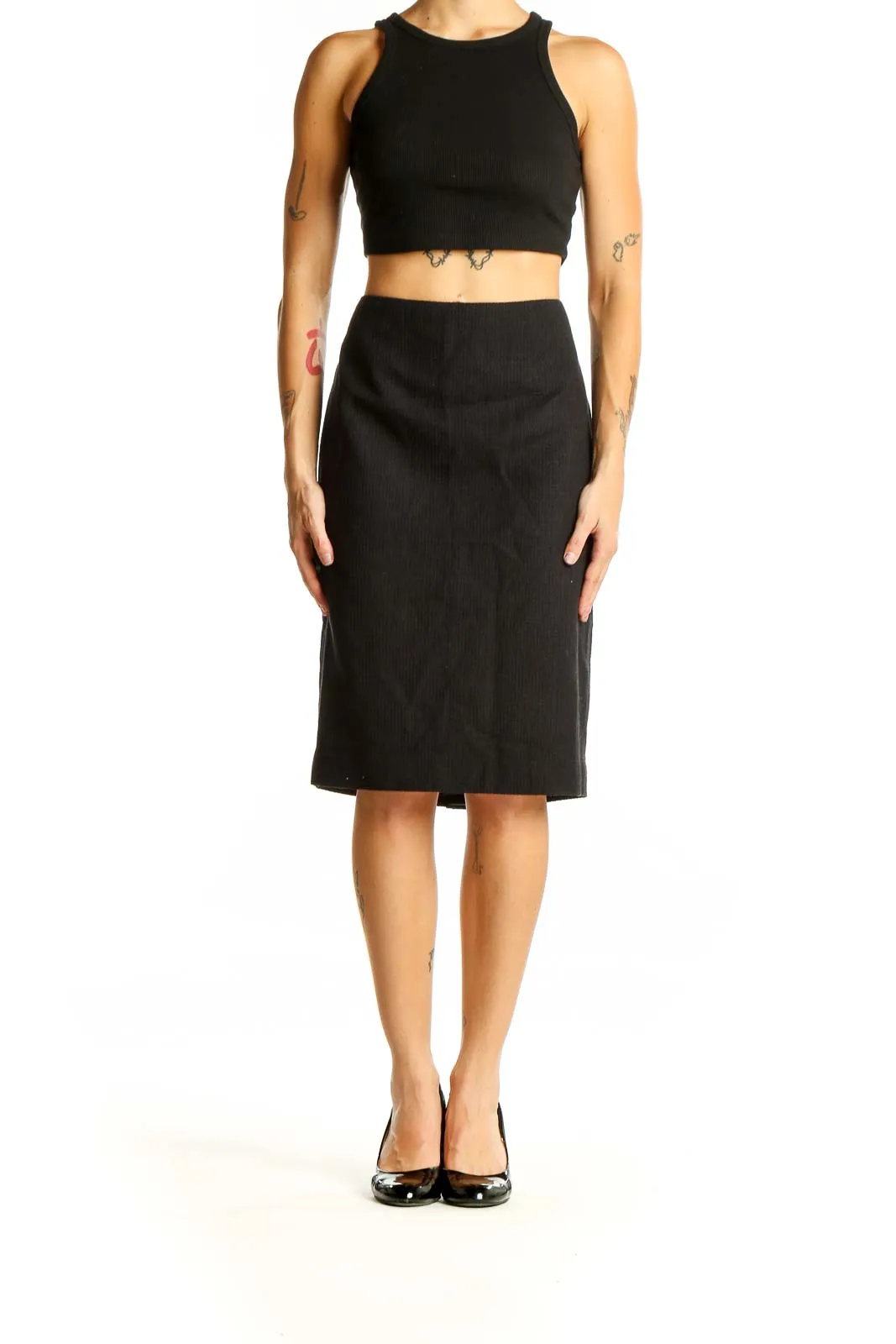 Black Cotton-Blend Pencil Skirt