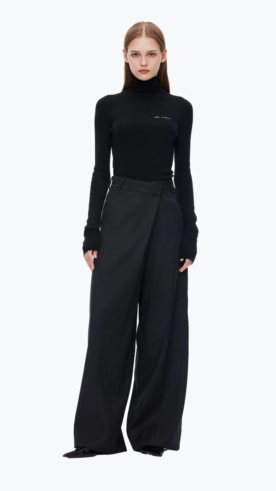 Black Folded Waist Design Draped Suit Trousers