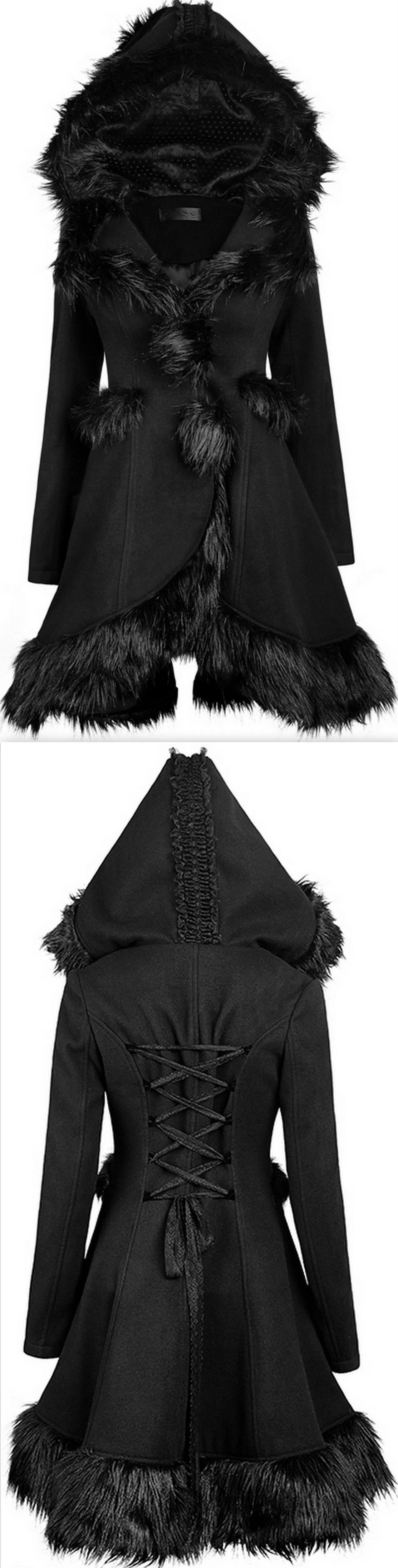 Black Fur-Trimmed Pom Pom Corset Coat