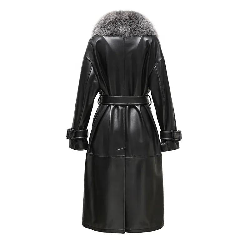 Black Genuine Sheepskin Leather Shearling Trench Coat with Fox Fur Collar for Women