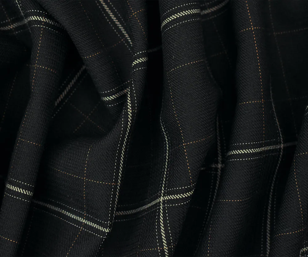 Black-Gray-Brown Wool Polyester Grid Plaid Twill Suiting Fabric