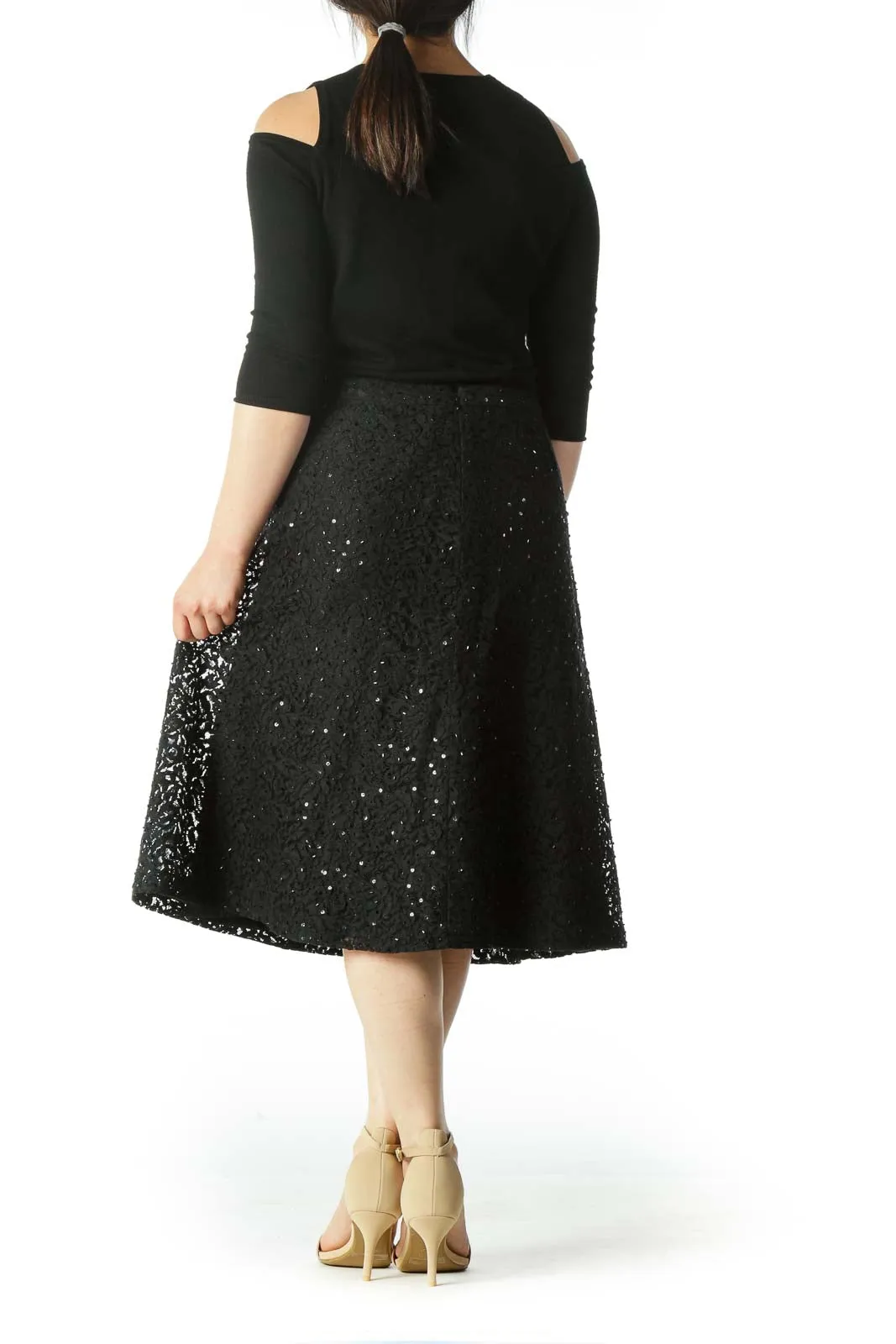 Black Lace Sequined Beaded A-LIne Skirt