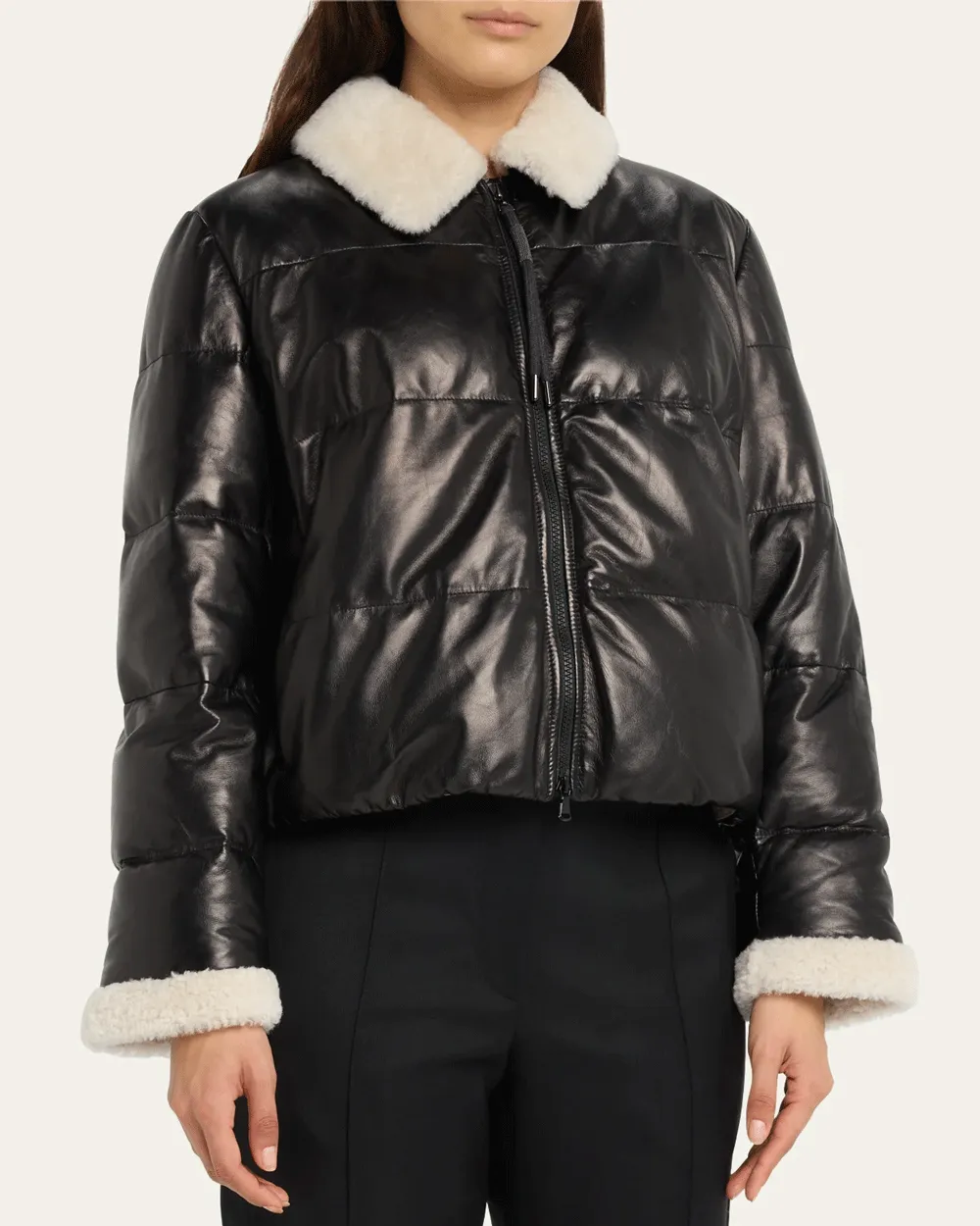 Black Padded Glossy Leather Jacket