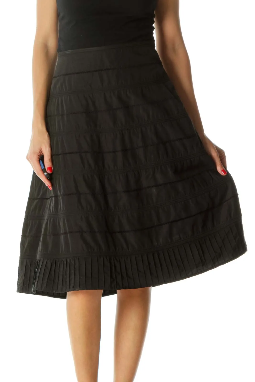 Black Silk Blend Embroidered Textured A-Line Skirt