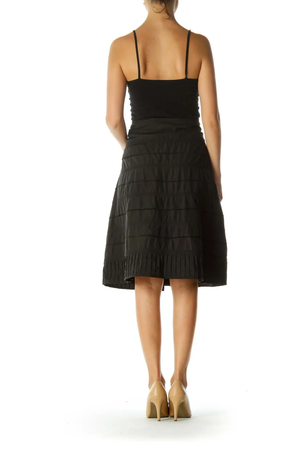 Black Silk Blend Embroidered Textured A-Line Skirt