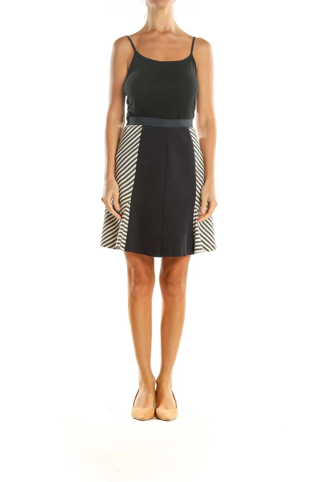 Blue Cream Colorblock Striped Retro A-Line Skirt