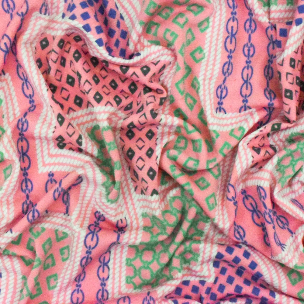 Boho Pink-White-Multi Frame Printed Stretch Polyester ITY Knit Fabric