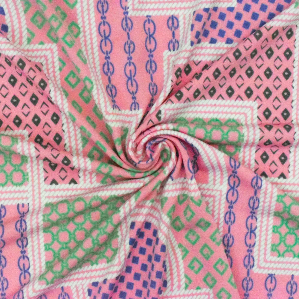 Boho Pink-White-Multi Frame Printed Stretch Polyester ITY Knit Fabric