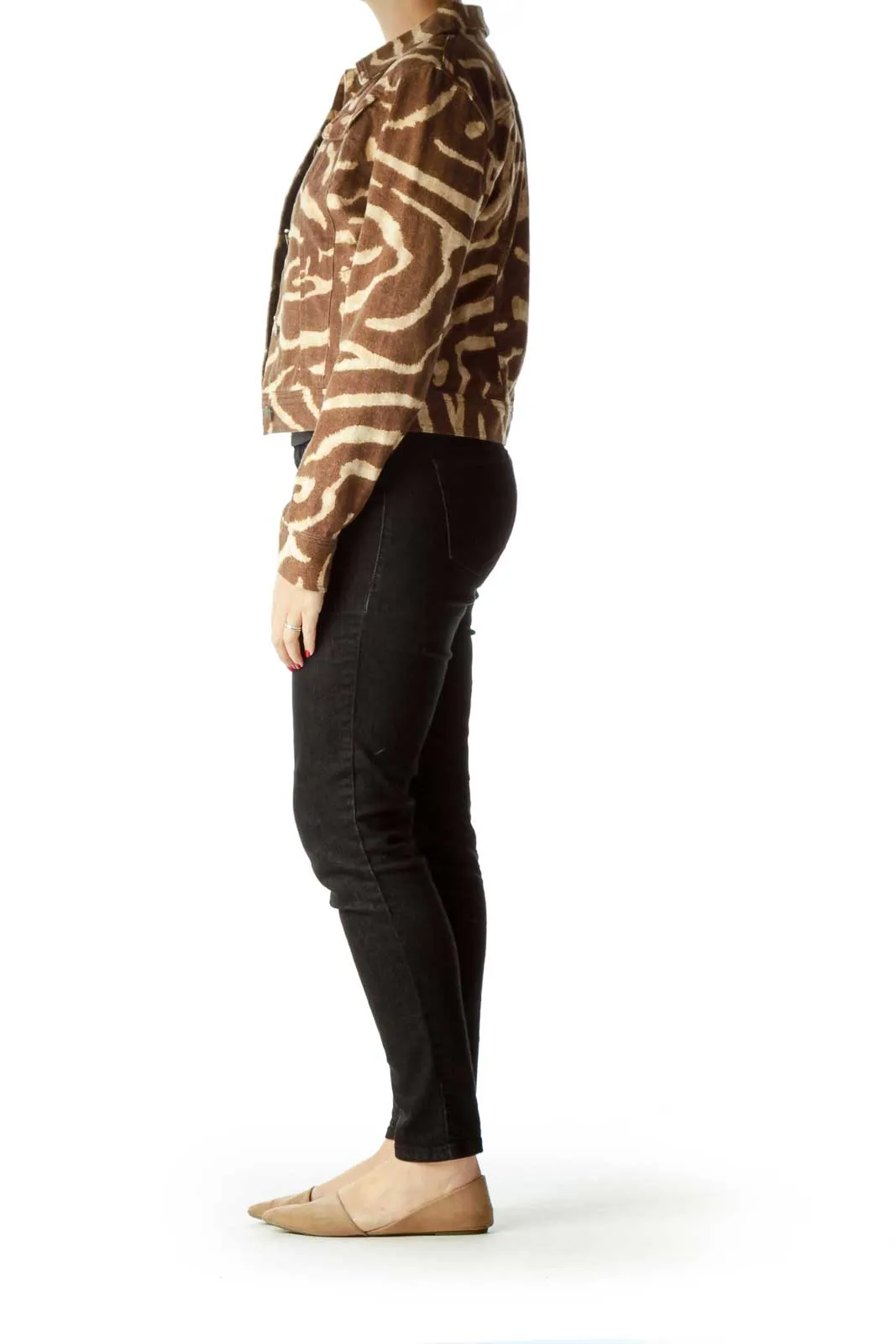 Brown Beige Zebra Print Denim Jacket