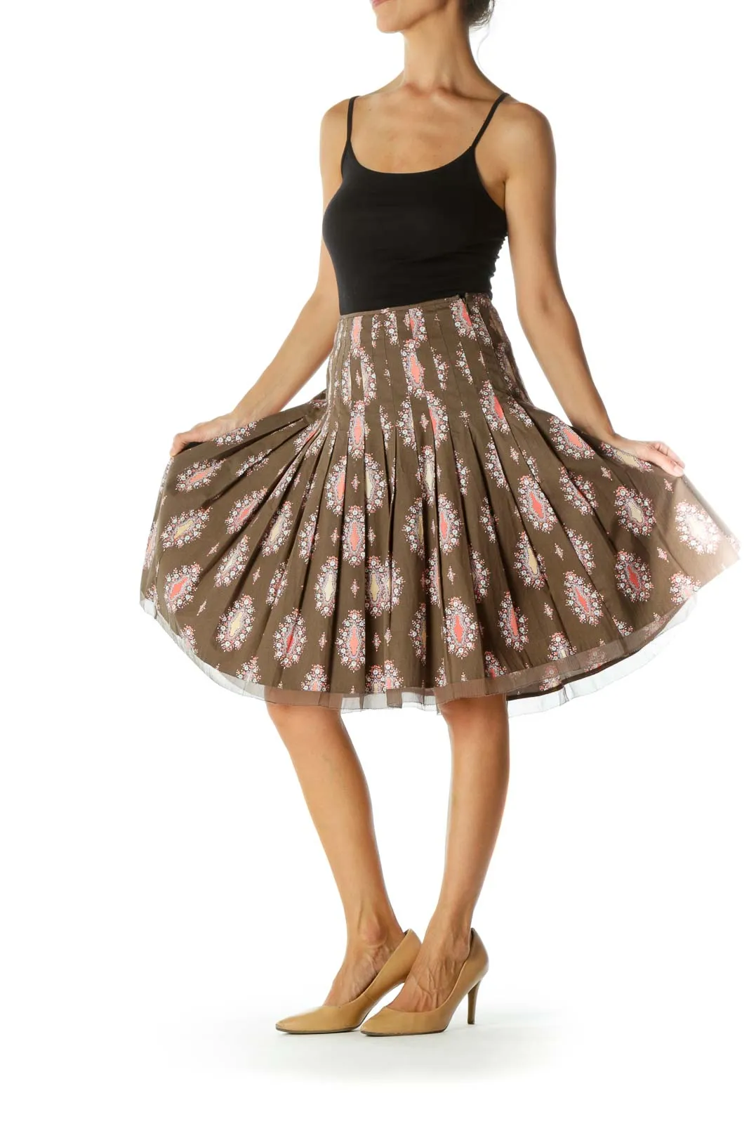 Brown Orange White Printed Pleated Cinched Waist A-Line Skirt