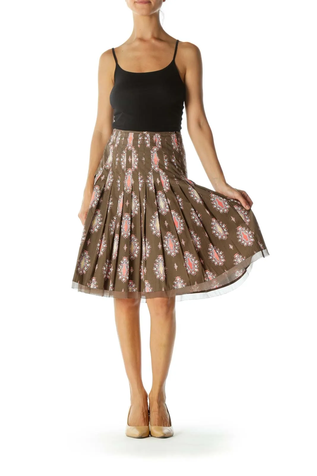 Brown Orange White Printed Pleated Cinched Waist A-Line Skirt