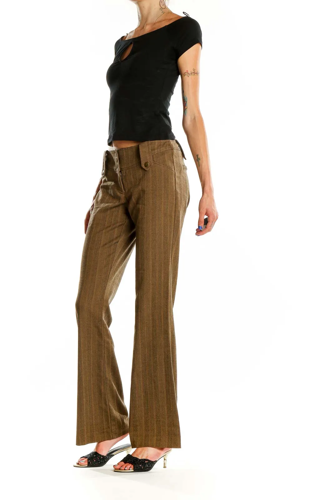 Brown Pinstriped Wide-Leg Trousers