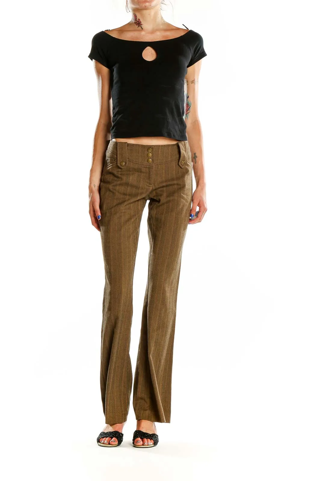 Brown Pinstriped Wide-Leg Trousers