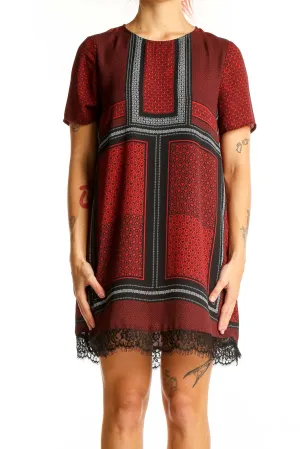 Burgundy Patterned Lace-Trim Mini Dress