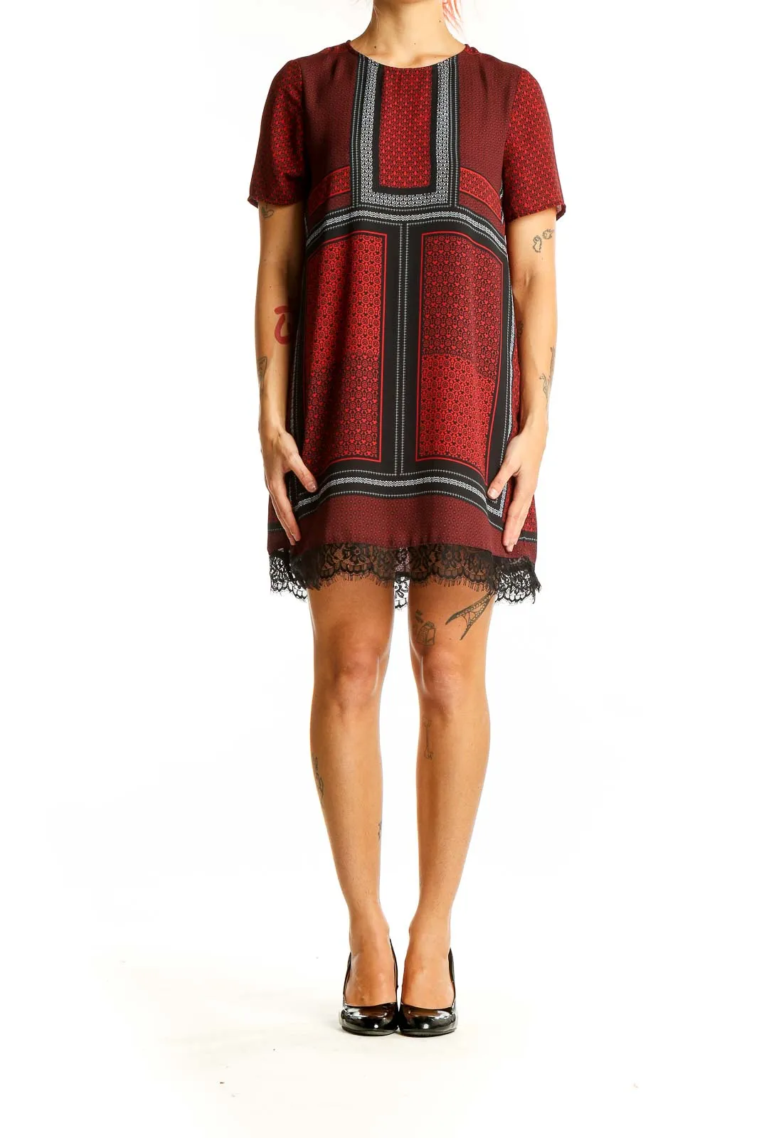 Burgundy Patterned Lace-Trim Mini Dress