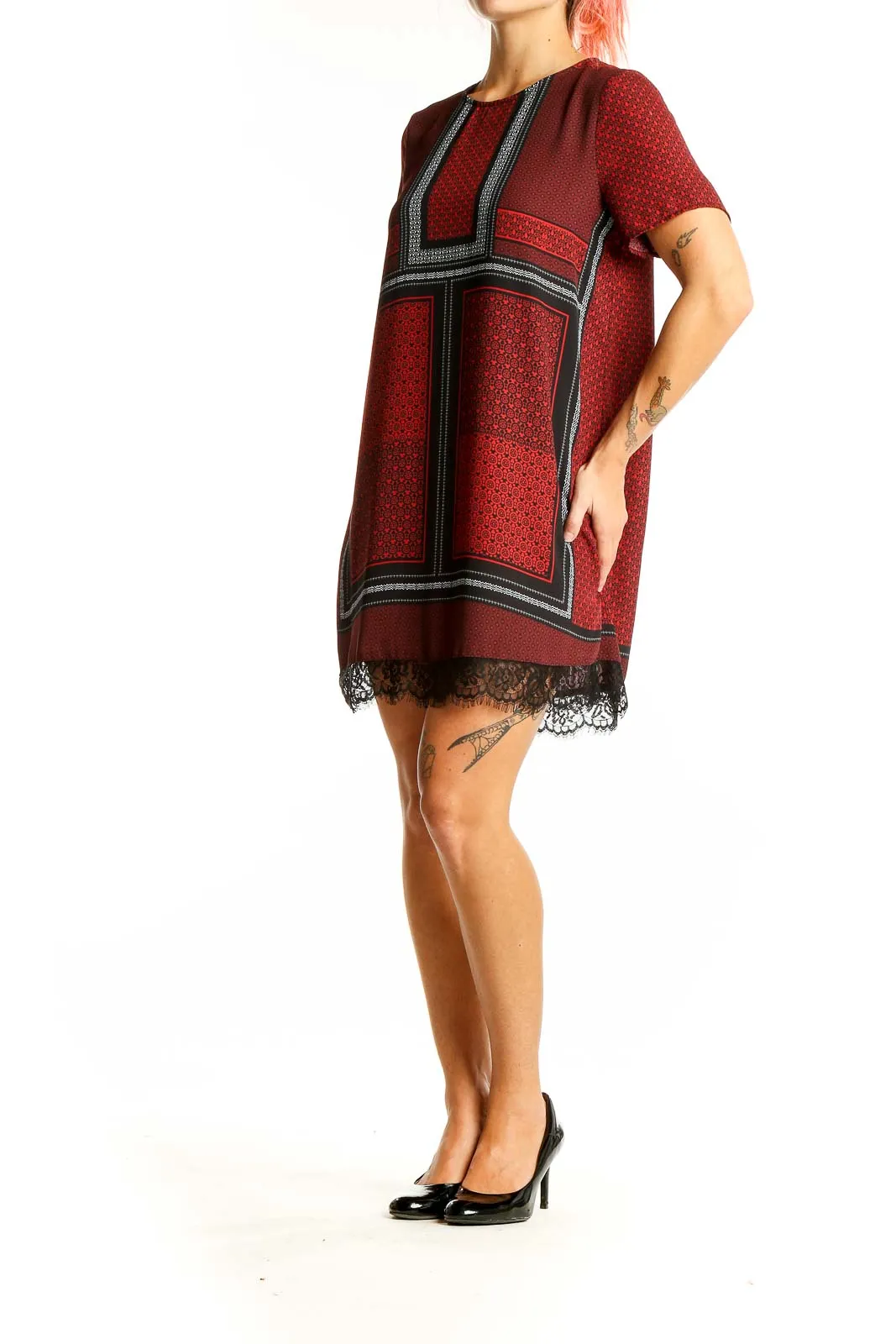 Burgundy Patterned Lace-Trim Mini Dress