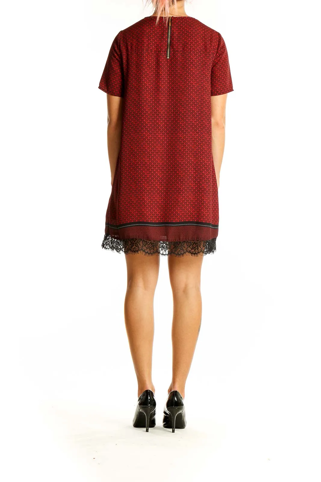 Burgundy Patterned Lace-Trim Mini Dress