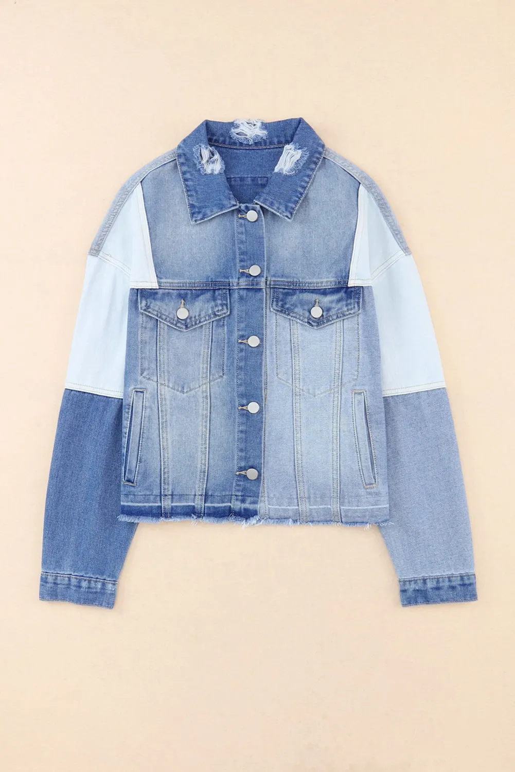 Color Block Denim Patchwork Frayed Hem Jacket