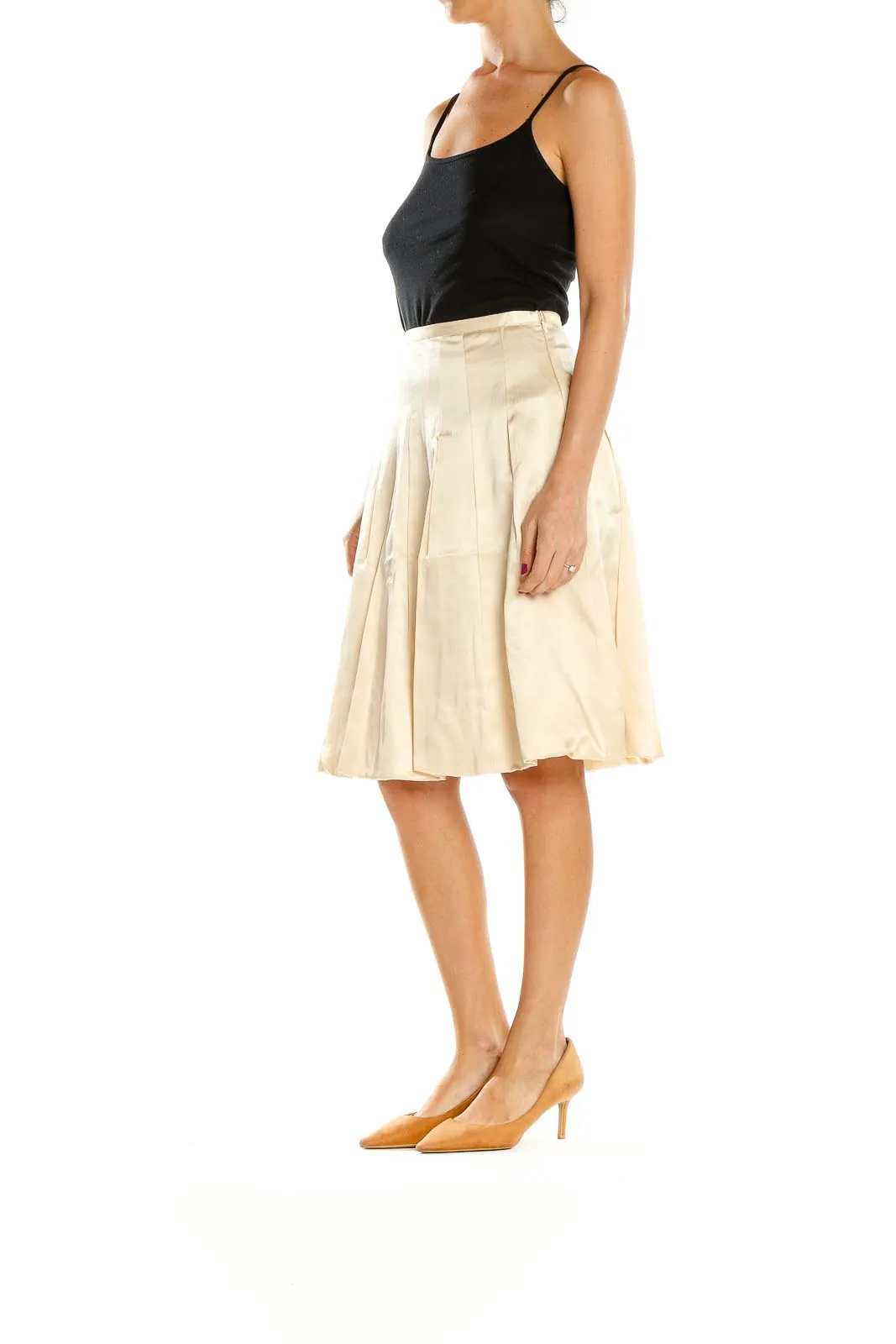 Cream Pleated A-Line Midi Skirt