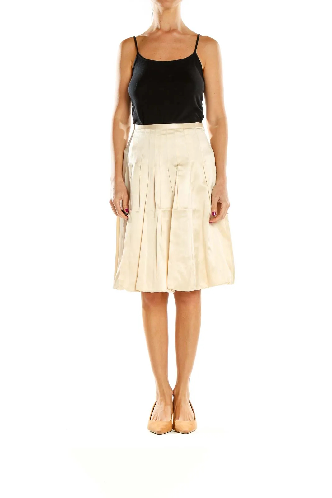 Cream Pleated A-Line Midi Skirt