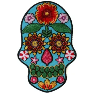 Daniel Smart Flower Skull Embroidered Iron on Patch, Blue, 2.6 x 4 inches