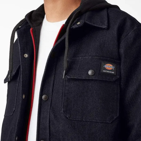 Dickies Skateboarding Denim Shirt Jacket With Fleece Hood Rinsed Indigo