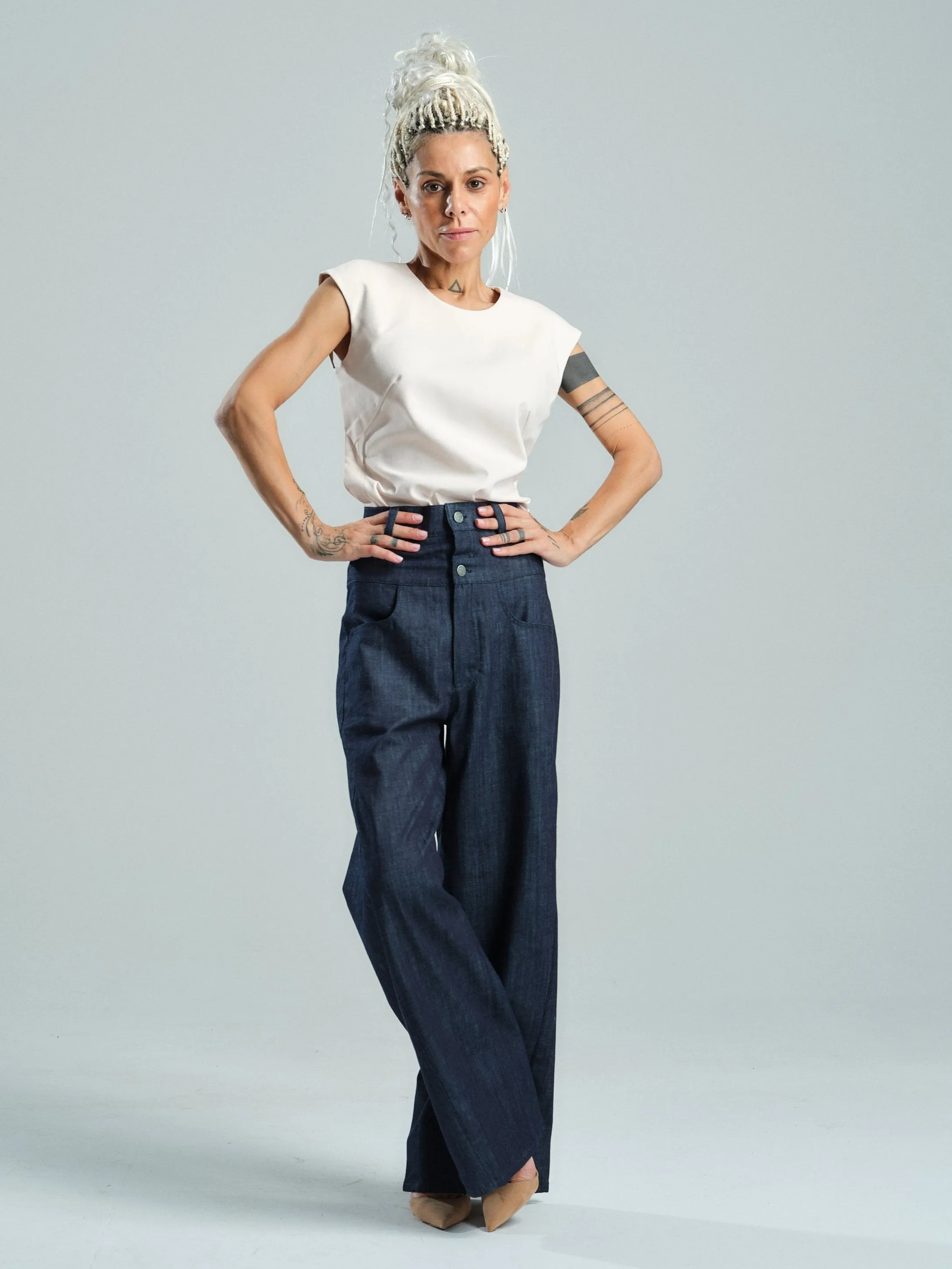 Double-Waistband Jeans in Navy