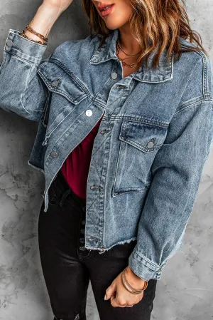 Elastic Hemline Acid Wash Denim Jacket