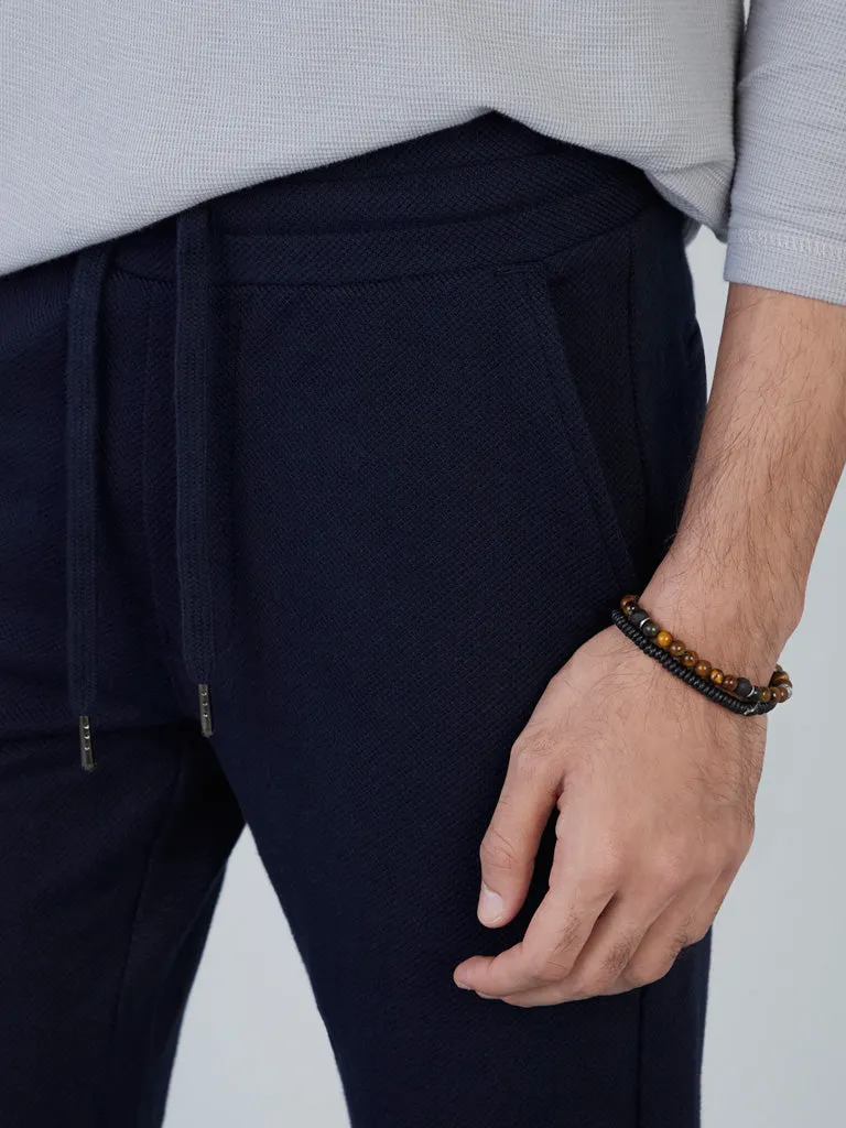 ETA Navy Knit-Textured Slim-Fit Mid-Rise Joggers