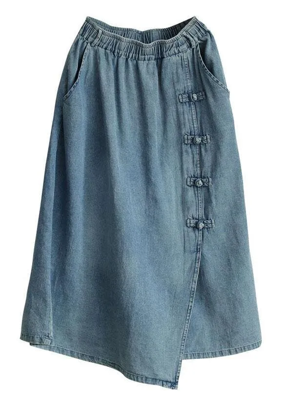 Fashion Light Blue Asymmetrical Design Button A Line Pockets Fall Skirts