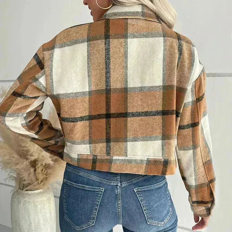 Fashion Oversized Plaid Lapel Cropped Jacket  outwear top for women