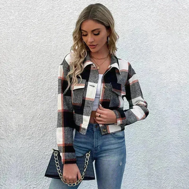 Fashion Oversized Plaid Lapel Cropped Jacket  outwear top for women