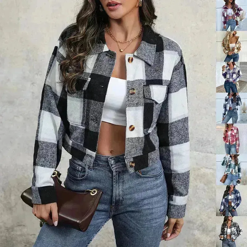 Fashion Oversized Plaid Lapel Cropped Jacket  outwear top for women