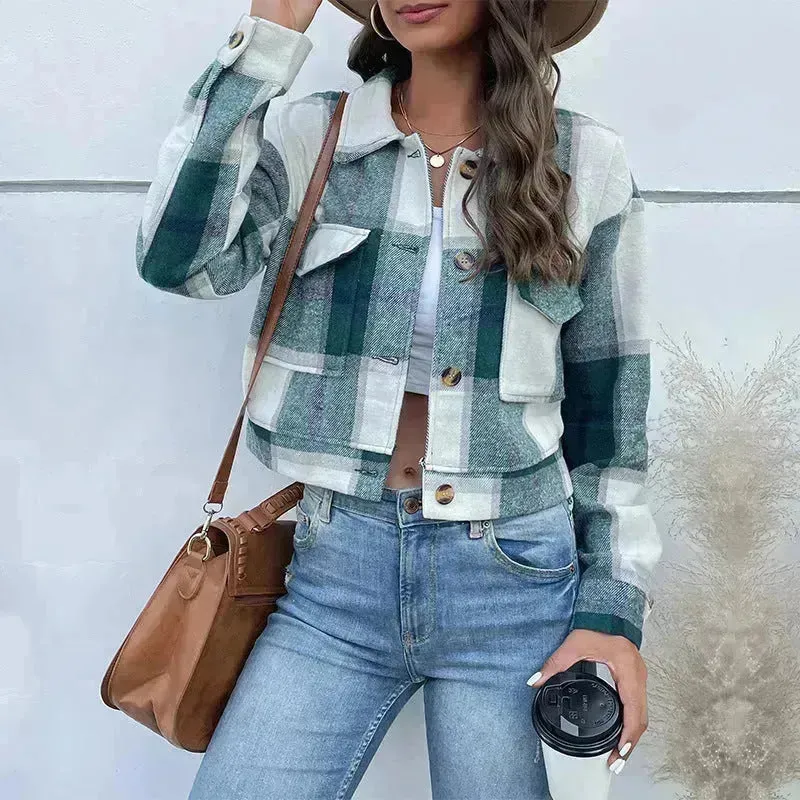 Fashion Oversized Plaid Lapel Cropped Jacket  outwear top for women