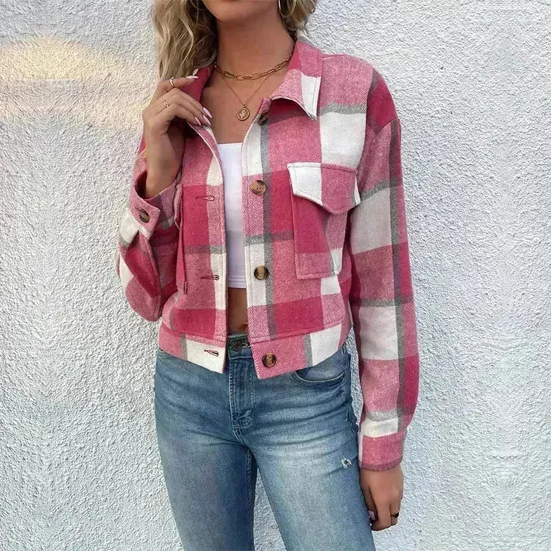 Fashion Oversized Plaid Lapel Cropped Jacket  outwear top for women