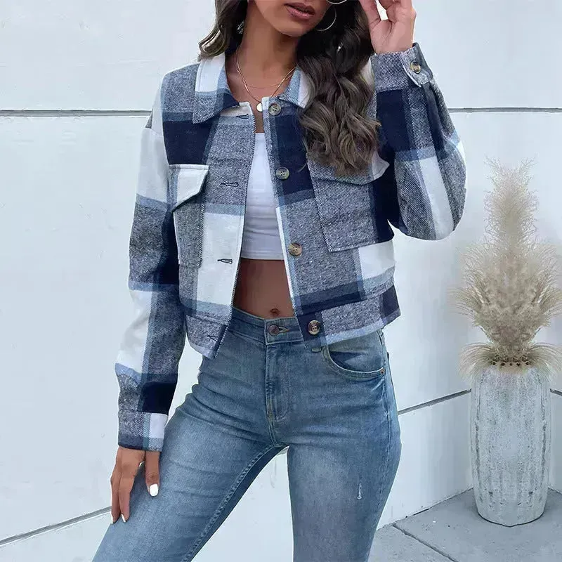 Fashion Oversized Plaid Lapel Cropped Jacket  outwear top for women