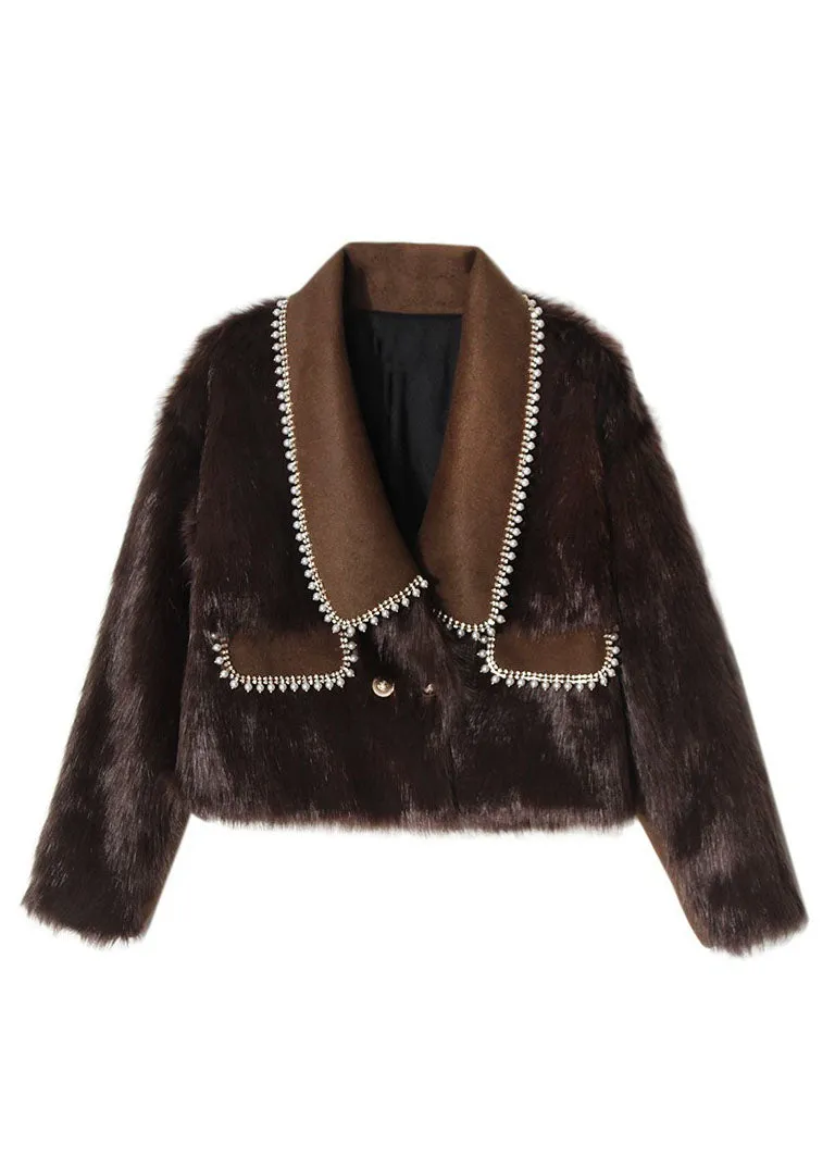 French Chocolate Peter Pan Collar Patchwork leather and fur coats Winter