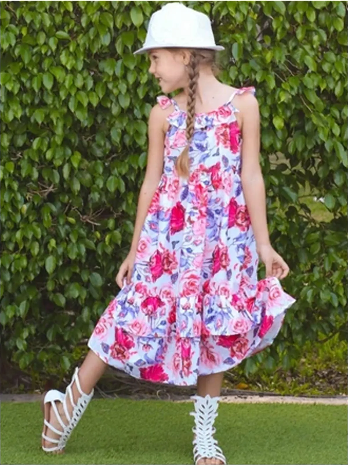 Girls Floral Flutter Sleeve Strappy Back Boho Maxi Special Occasion Party Dress