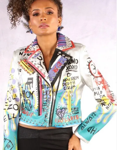 Graffiti Print Faux Leather Motor Jacket