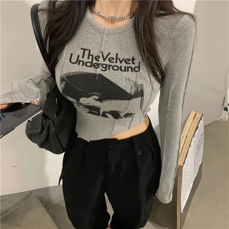 Graphic Print Cropped Tops 90s Vintage Women Long Sleeve Skinny