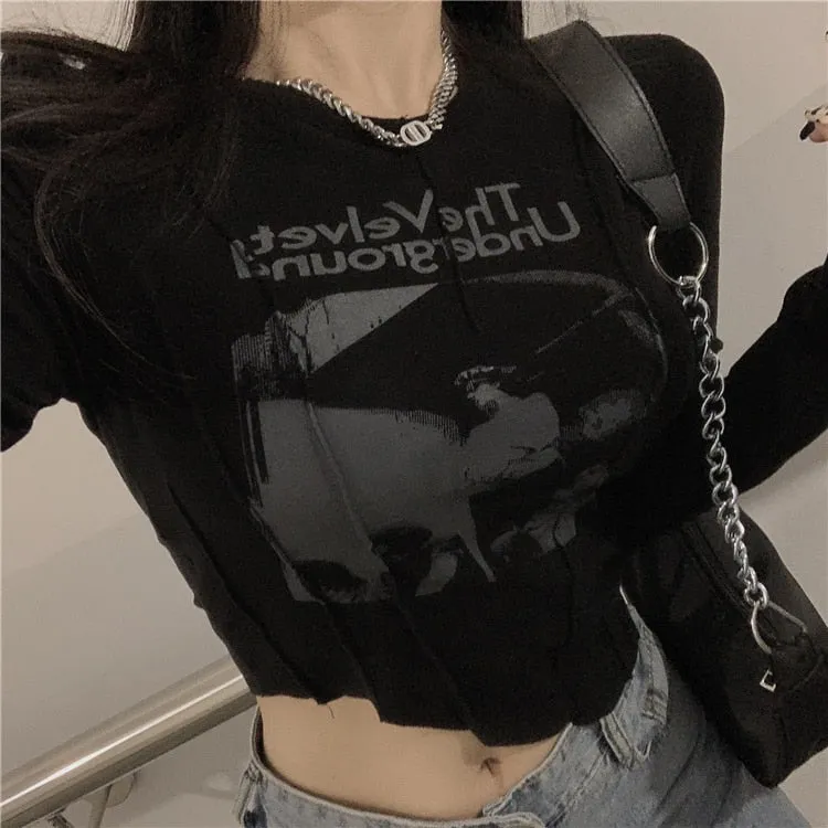 Graphic Print Cropped Tops 90s Vintage Women Long Sleeve Skinny