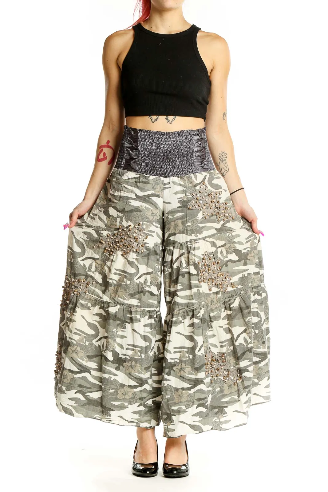 Gray Beige Camouflage Wide Leg Pants